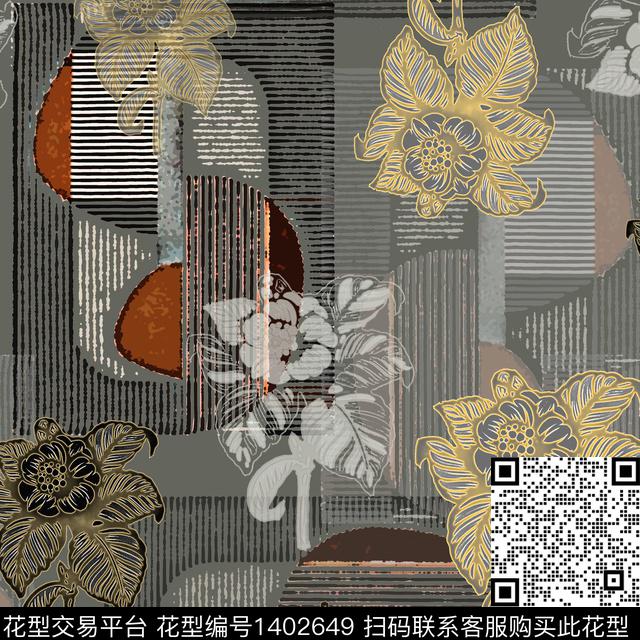 花卉大牌风手绘线条笔触传统印花花型下载（图片编号: 1402649） - 瓦栏（Walan）