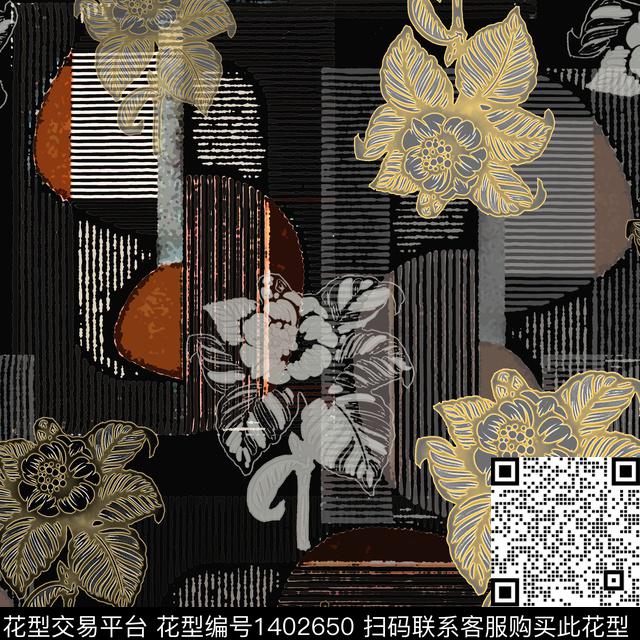 花卉大牌风手绘线条笔触传统印花花型下载（图片编号: 1402650） - 瓦栏（Walan）