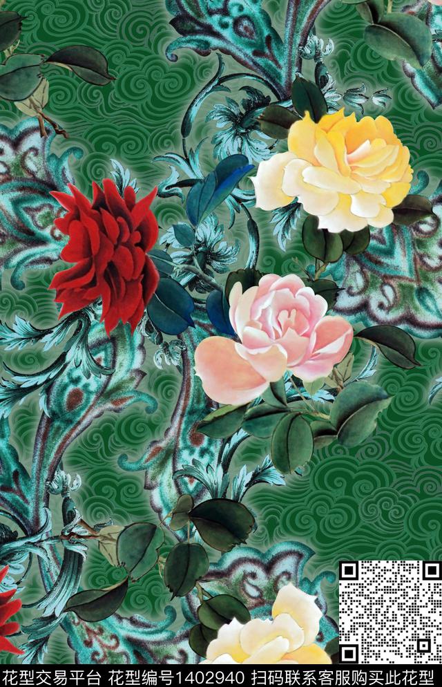 中国风玫瑰花传统纹样数码印花花型下载（图片编号: 1402940） - 瓦栏（Walan）