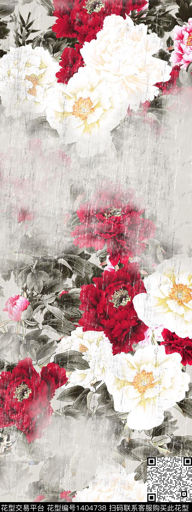 牡丹灰底.jpg - 1404738 - 数码花型 花卉 牡丹 - 数码印花花型 － 女装花型设计 － 瓦栏