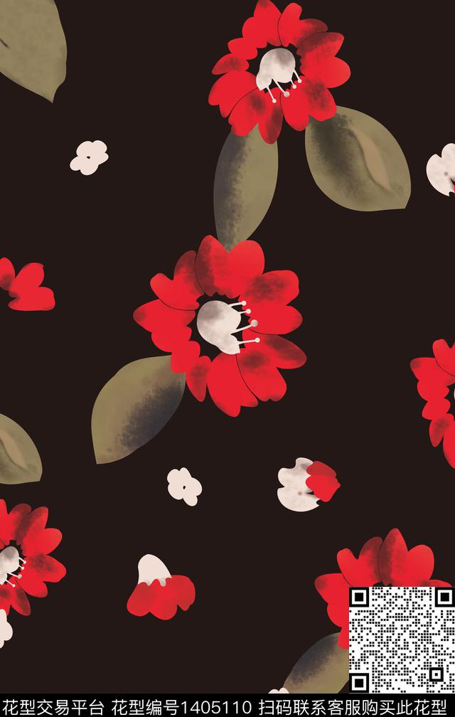 红色做旧复古抽象大花.jpg - 1405110 - 绿植树叶 扎染花型 花卉 - 数码印花花型 － 女装花型设计 － 瓦栏