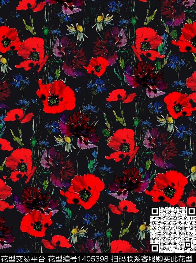 花卉欧美水彩花卉数码印花花型下载（图片编号: 1405398） - 瓦栏（Walan）