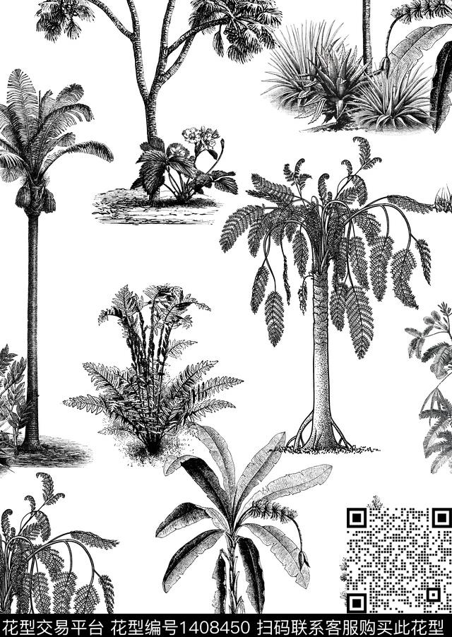 tropical ink handdrawn-jessie-2.jpg - 1408450 - 绿植树叶 日本 大牌风 - 数码印花花型 － 男装花型设计 － 瓦栏