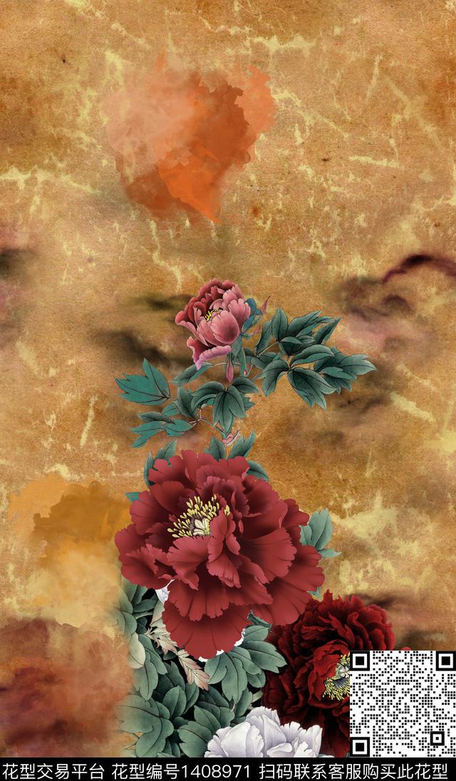 LDAA003.jpg - 1408971 - 花卉 香云纱 中国 - 传统印花花型 － 女装花型设计 － 瓦栏