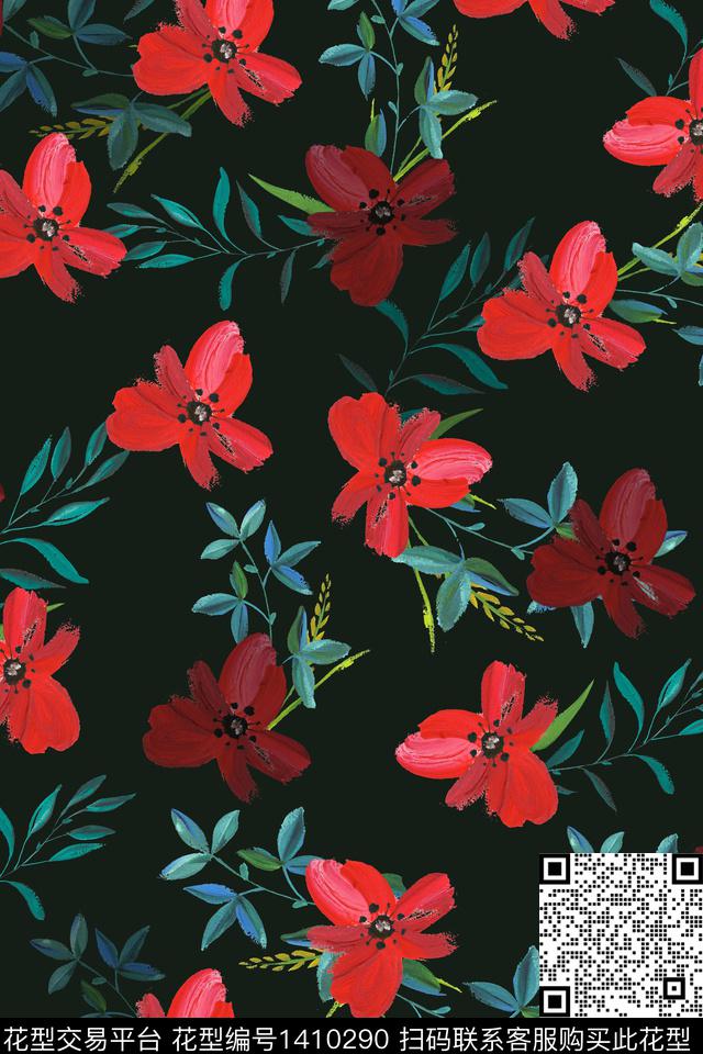 红花.jpg - 1410290 - 红花 绿植树叶 花卉 - 传统印花花型 － 女装花型设计 － 瓦栏
