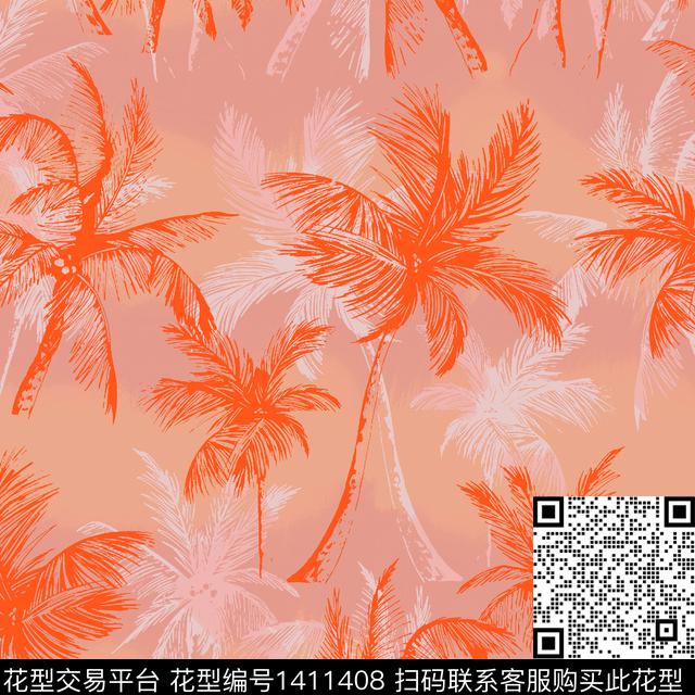椰子树手绘手绘花卉数码印花花型下载（图片编号: 1411408） - 瓦栏（Walan）