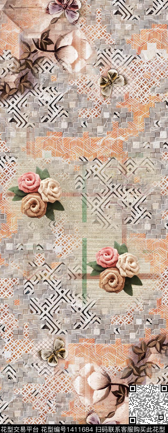 ym521-7.jpg - 1411684 - 几何 复古 花卉 - 数码印花花型 － 长巾花型设计 － 瓦栏