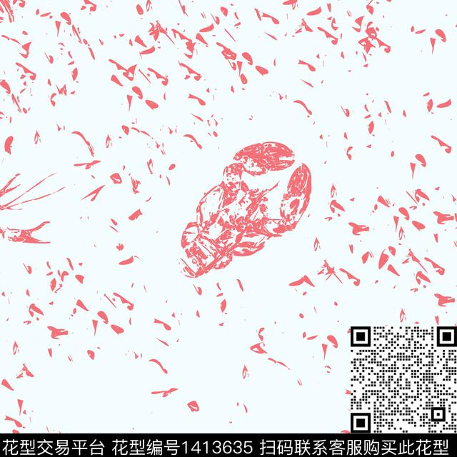 20210414.  龙虾.jpg - 1413635 - 动物 创意 龙虾 - 数码印花花型 － 女装花型设计 － 瓦栏