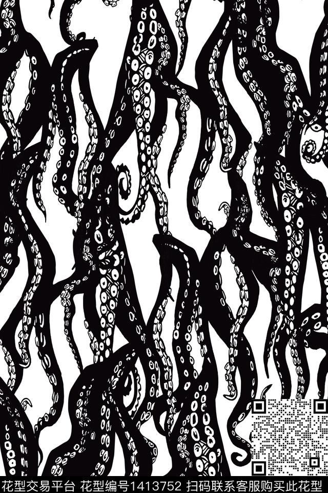 Orst_zyn1032I.jpg - 1413752 - 章鱼 动物 黑白花型 - 数码印花花型 － 女装花型设计 － 瓦栏