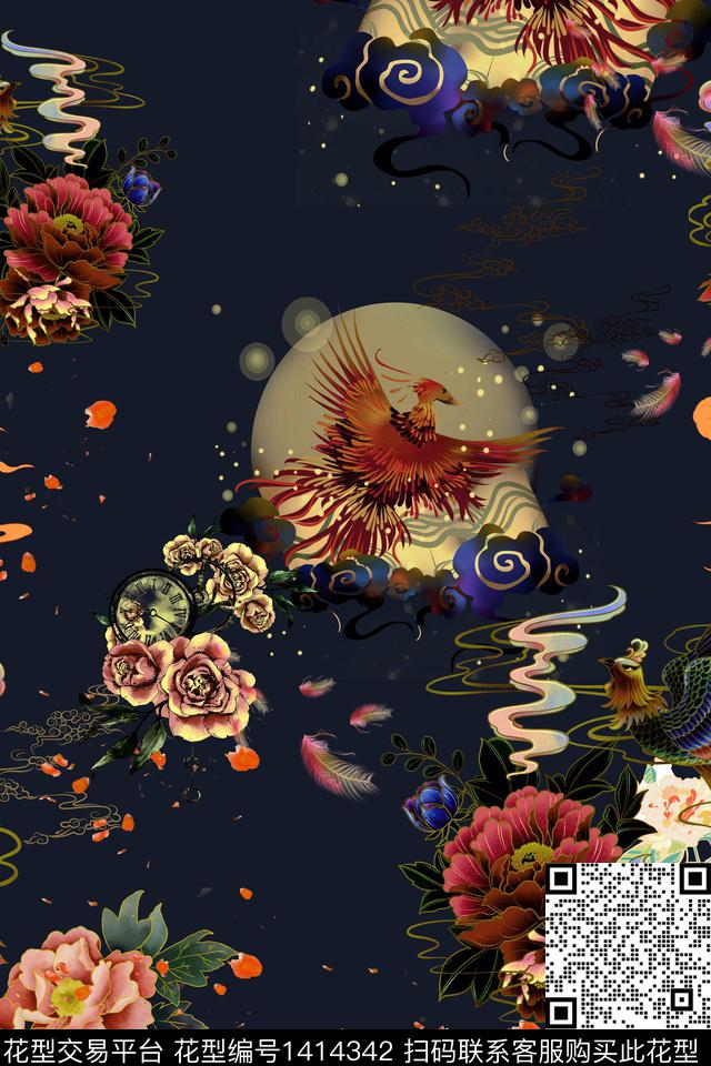 JFBACE062.jpg - 1414342 - 动物 花卉 香云纱 - 数码印花花型 － 女装花型设计 － 瓦栏