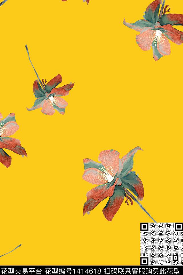 花卉大牌风植物数码印花花型下载（图片编号: 1414618） - 瓦栏（Walan）