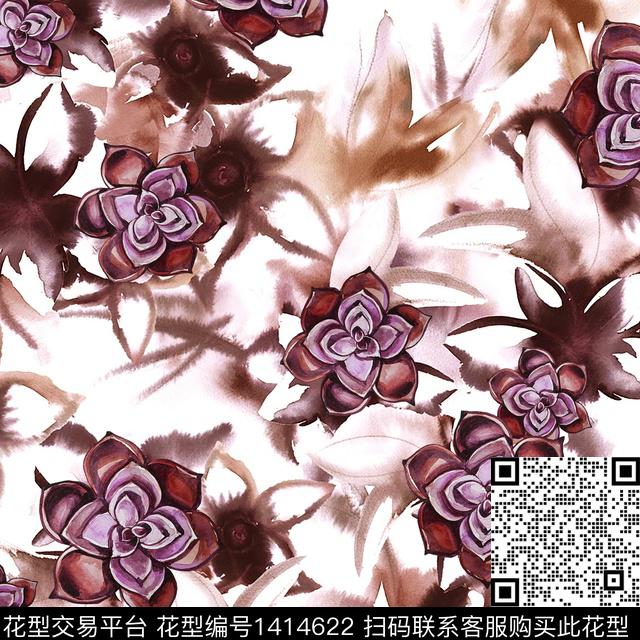 绿植树叶水彩扎染花型数码印花花型下载（图片编号: 1414622） - 瓦栏（Walan）