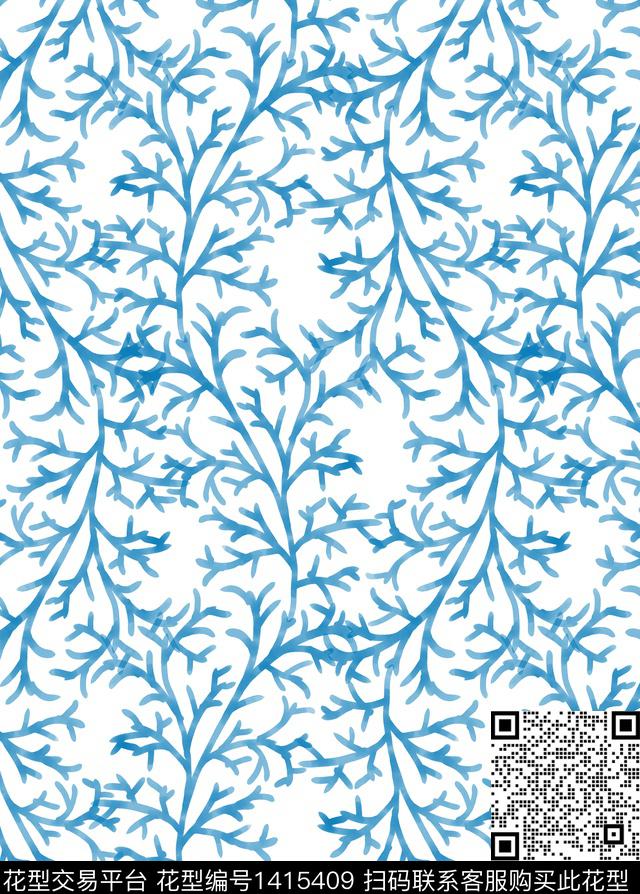 wlz210406.jpg - 1415409 - 水彩 青花瓷 树枝 - 数码印花花型 － 女装花型设计 － 瓦栏