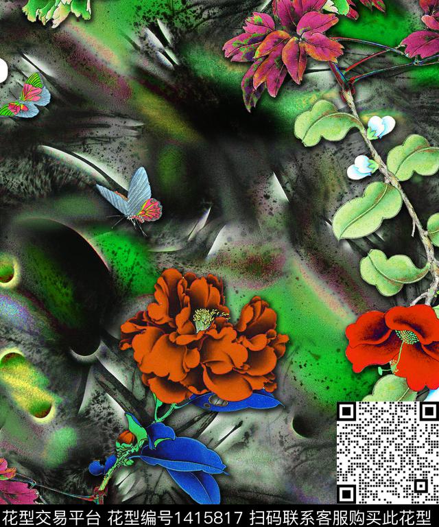 1814#绿.tif - 1415817 - 彩底花卉 数码花型 春夏花型 - 数码印花花型 － 女装花型设计 － 瓦栏