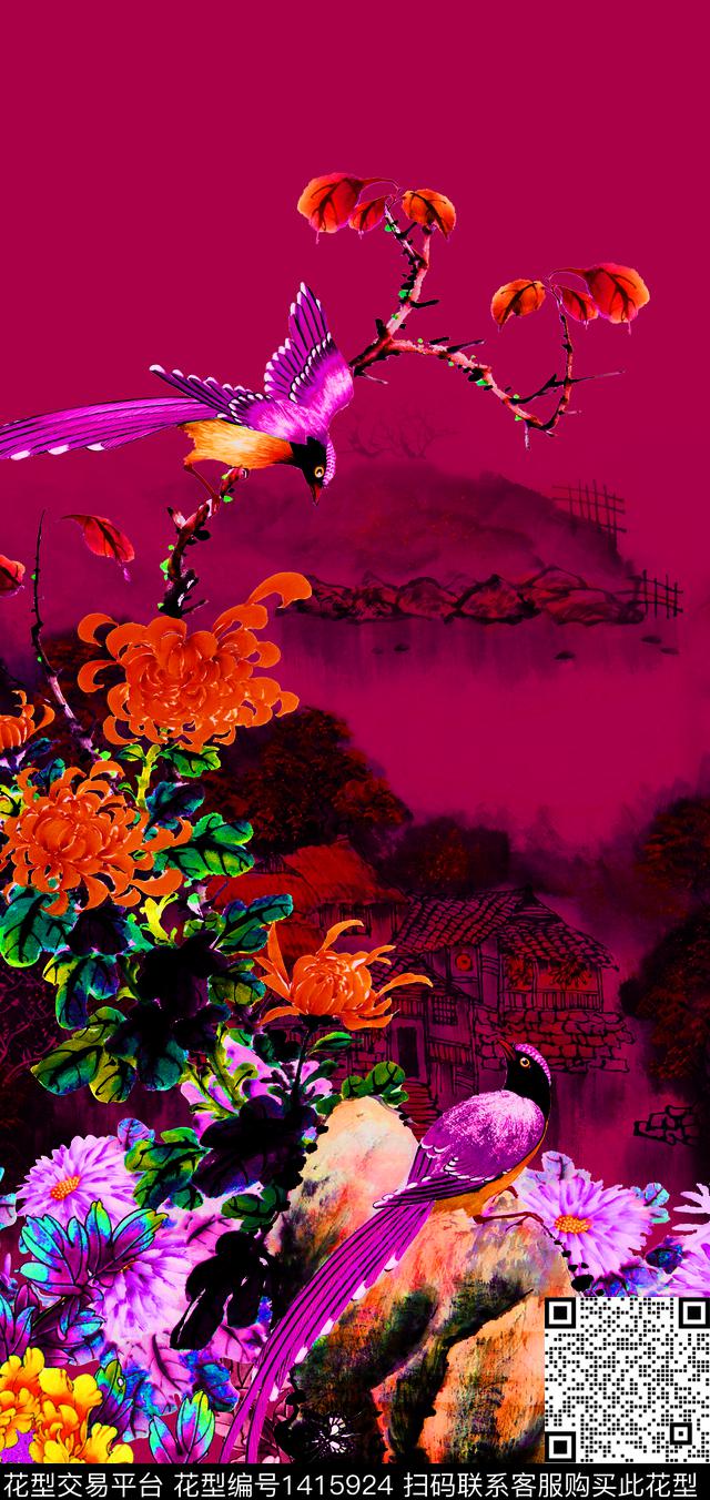 188#红.tif - 1415924 - 花鸟 水墨风 国画 - 数码印花花型 － 女装花型设计 － 瓦栏