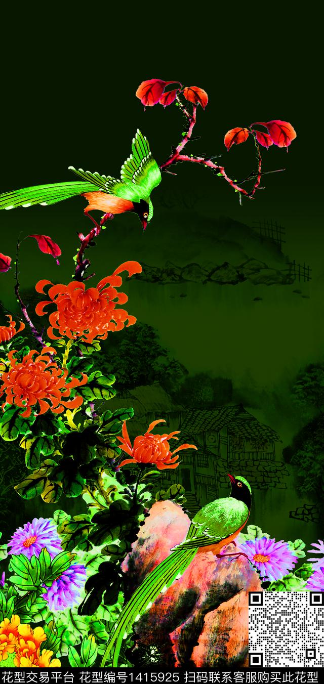 188#绿.tif - 1415925 - 花鸟 水墨风 国画 - 数码印花花型 － 女装花型设计 － 瓦栏