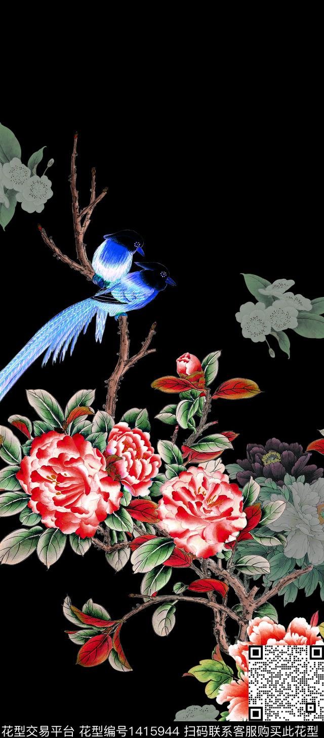 1820#黑.tif - 1415944 - 花鸟 真丝 中国风定位花 - 数码印花花型 － 女装花型设计 － 瓦栏