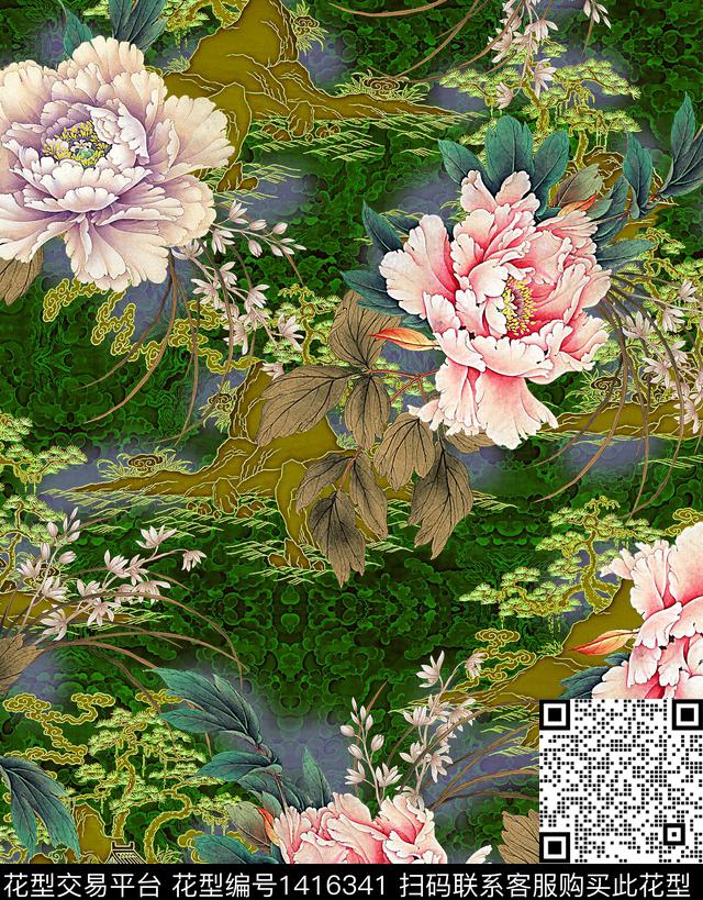 04-006绿.jpg - 1416341 - 花卉 旗袍 香云纱 - 数码印花花型 － 女装花型设计 － 瓦栏