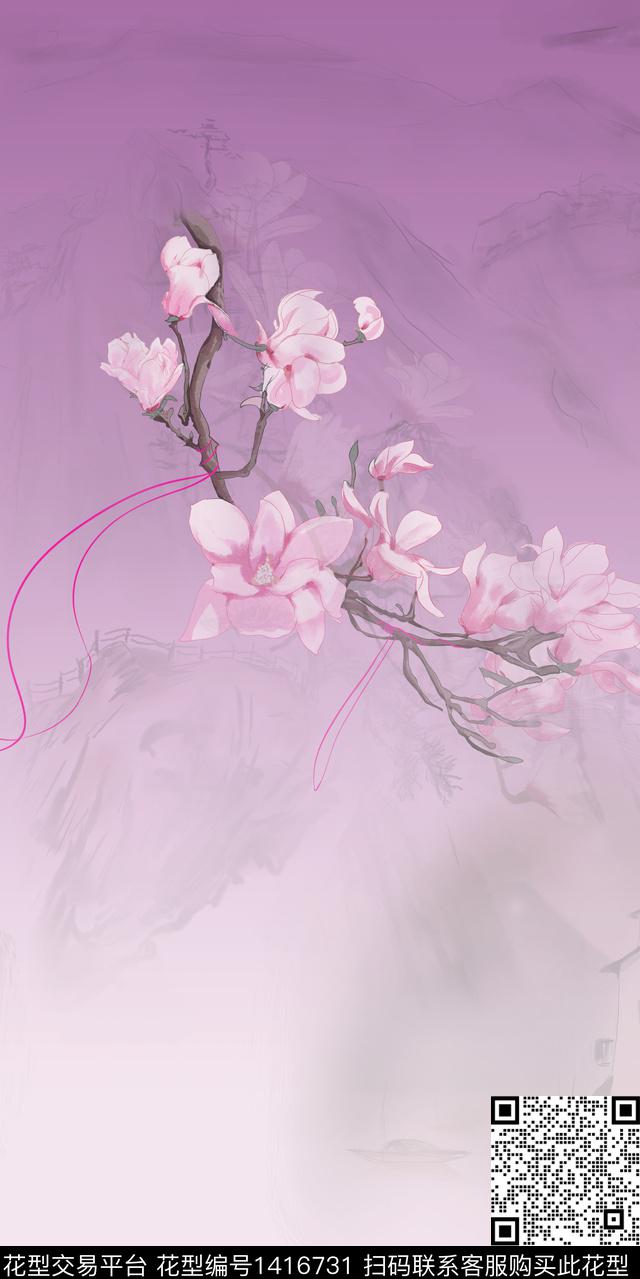 Xh021.jpg - 1416731 - 民族花卉 定位花 水墨风 - 数码印花花型 － 女装花型设计 － 瓦栏