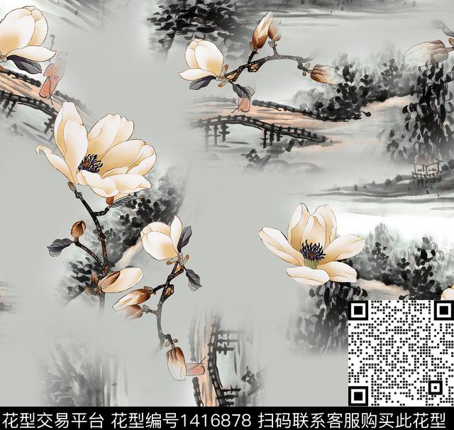 水墨灰.jpg - 1416878 - 连衣裙 女装 中国 - 传统印花花型 － 女装花型设计 － 瓦栏