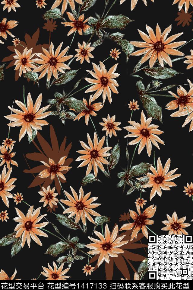 黑底花卉肌理小清新数码印花花型下载（图片编号: 1417133） - 瓦栏（Walan）
