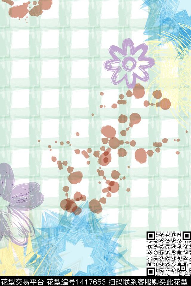 定位花水彩格子数码印花花型下载（图片编号: 1417653） - 瓦栏（Walan）