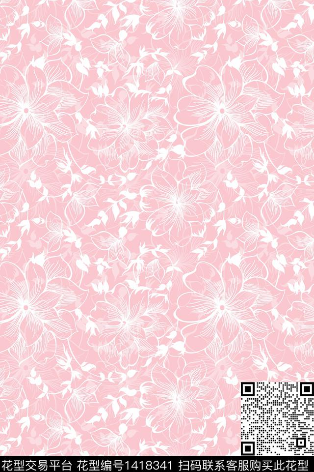 线条清爽底花卉大牌风传统印花花型下载（图片编号: 1418341） - 瓦栏（Walan）