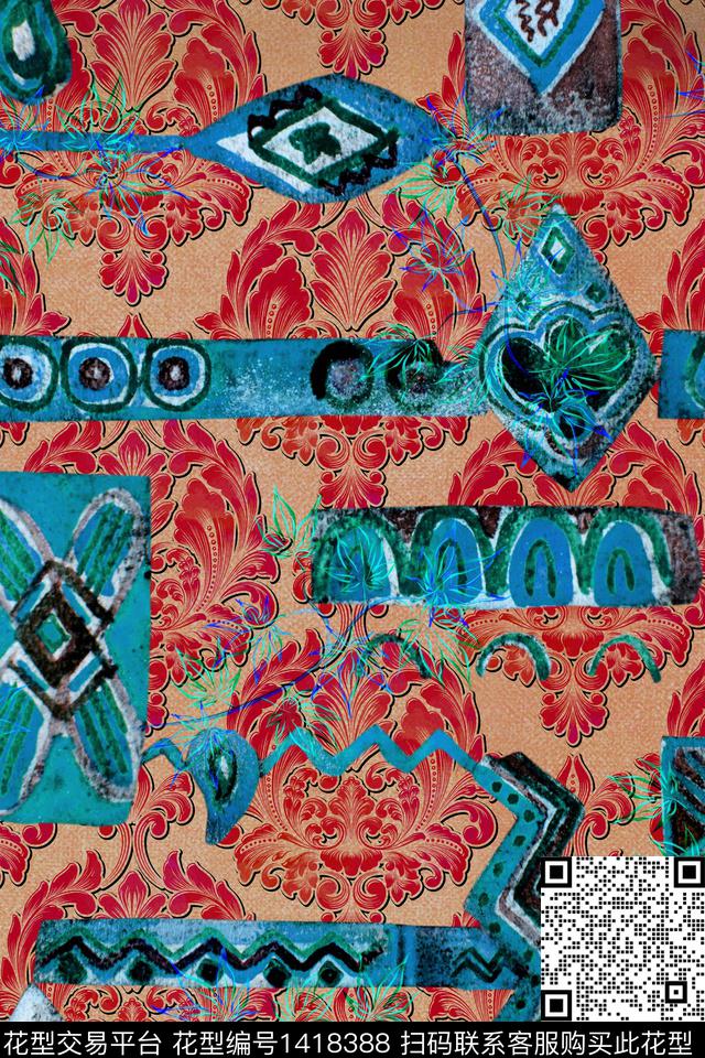 Xh056.jpg - 1418388 - 民族风 真丝 几何 - 数码印花花型 － 女装花型设计 － 瓦栏