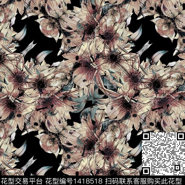 复古大牌风热带花型数码印花花型下载（图片编号: 1418518） - 瓦栏（Walan）