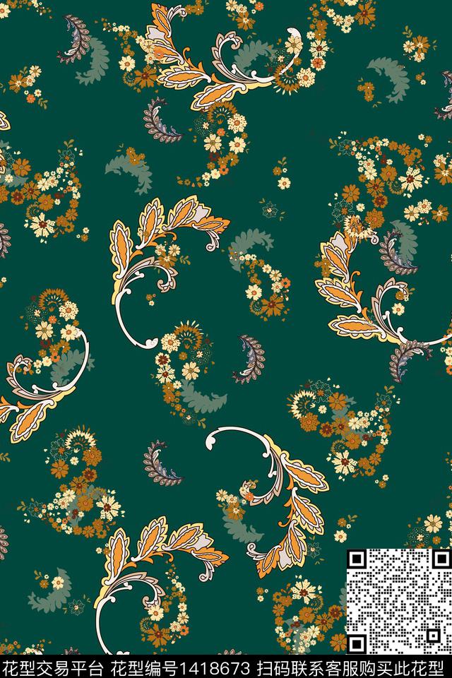线条清爽底花卉佩斯利传统印花花型下载（图片编号: 1418673） - 瓦栏（Walan）