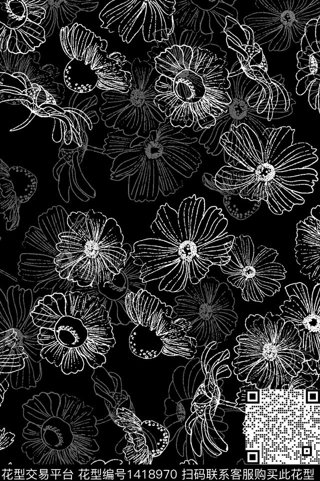 xZ1839.jpg - 1418970 - 花卉 真丝 黑白花型 - 数码印花花型 － 女装花型设计 － 瓦栏