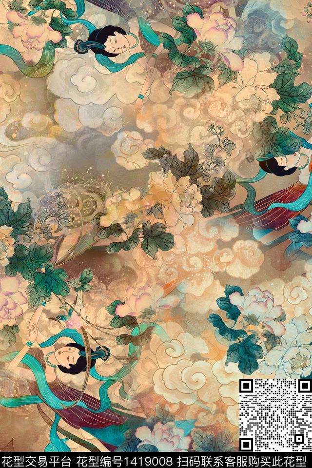 W&H-159.jpg - 1419008 - 中国 香云纱连衣裙 中老年人花型 - 数码印花花型 － 女装花型设计 － 瓦栏