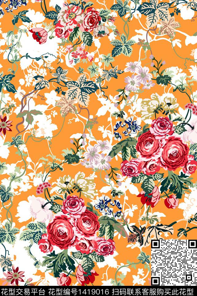 绿植树叶水彩清爽底花卉传统印花花型下载（图片编号: 1419016） - 瓦栏（Walan）