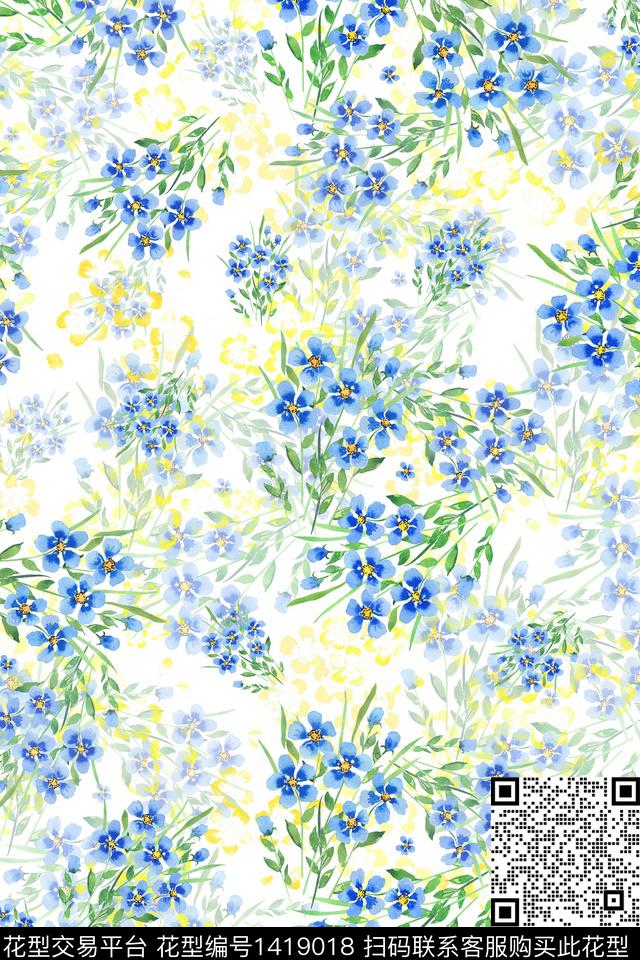 绿植树叶水彩清爽底花卉数码印花花型下载（图片编号: 1419018） - 瓦栏（Walan）