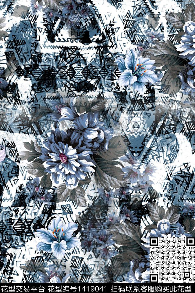 qx899.jpg - 1419041 - 几何 花卉 大牌风 - 数码印花花型 － 女装花型设计 － 瓦栏