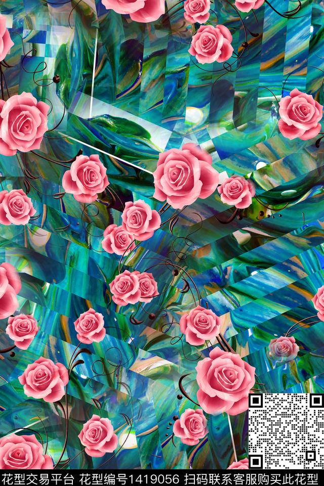 qx911.jpg - 1419056 - 几何 花卉 大牌风 - 数码印花花型 － 女装花型设计 － 瓦栏