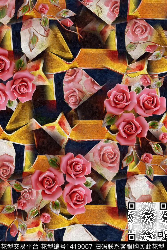 qx912.jpg - 1419057 - 几何 花卉 大牌风 - 数码印花花型 － 女装花型设计 － 瓦栏