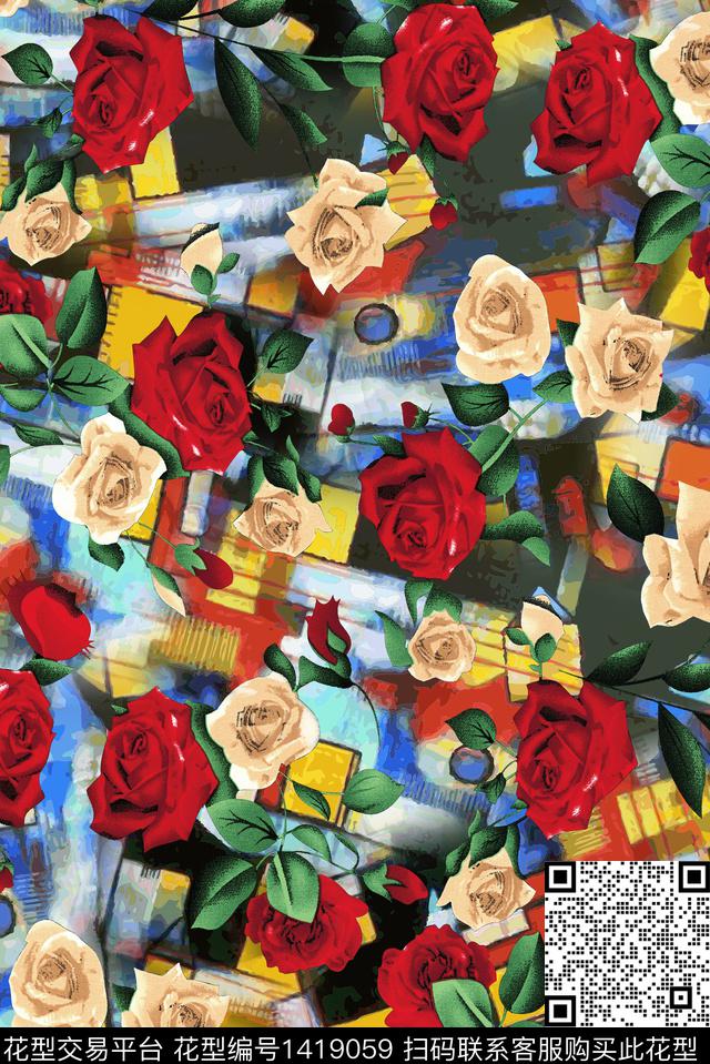 qx914.jpg - 1419059 - 几何 花卉 大牌风 - 数码印花花型 － 女装花型设计 － 瓦栏