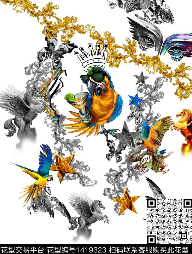 鹦鹉.jpg - 1419323 - 时尚 鹦鹉 大牌风 - 数码印花花型 － 男装花型设计 － 瓦栏