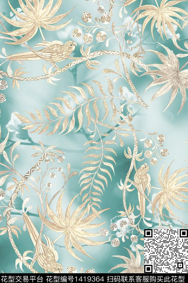 肌理绿植树叶清爽底花卉数码印花花型下载（图片编号: 1419364） - 瓦栏（Walan）