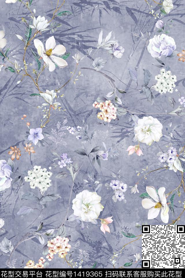 肌理水彩清爽底花卉数码印花花型下载（图片编号: 1419365） - 瓦栏（Walan）