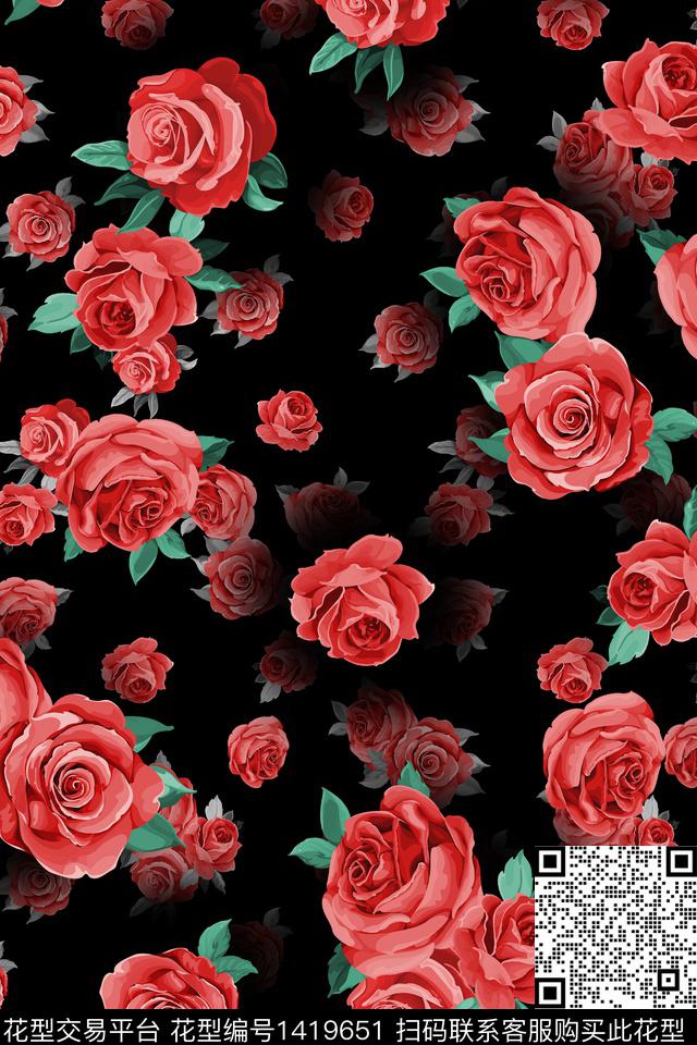 P447.jpg - 1419651 - 玫瑰花 复古 花卉 - 数码印花花型 － 女装花型设计 － 瓦栏