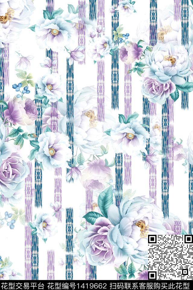 绿植树叶水彩清爽底花卉数码印花花型下载（图片编号: 1419662） - 瓦栏（Walan）
