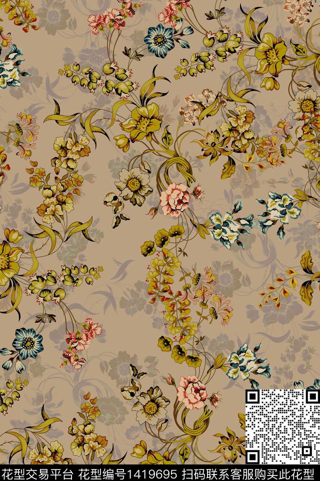 花卉20006.jpg - 1419695 - 数码花型 复古 花卉 - 数码印花花型 － 女装花型设计 － 瓦栏