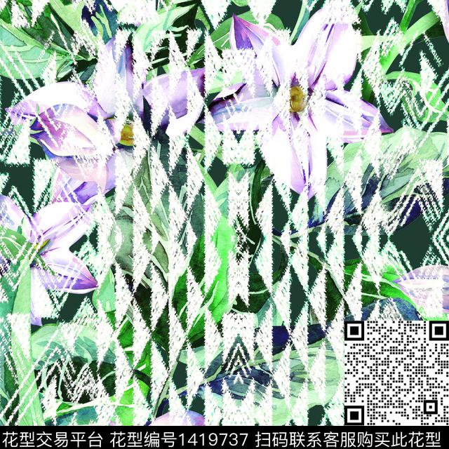 几何简约热带花型数码印花花型下载（图片编号: 1419737） - 瓦栏（Walan）