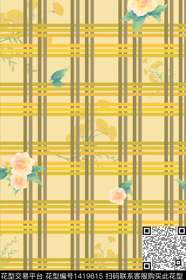 格子花卉大牌风数码印花花型下载（图片编号: 1419815） - 瓦栏（Walan）