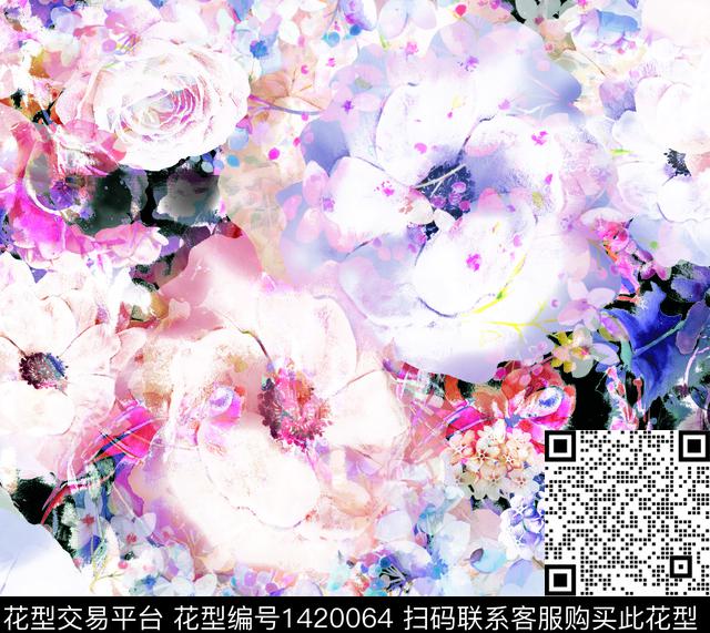 花卉大牌风热带花型数码印花花型下载（图片编号: 1420064） - 瓦栏（Walan）