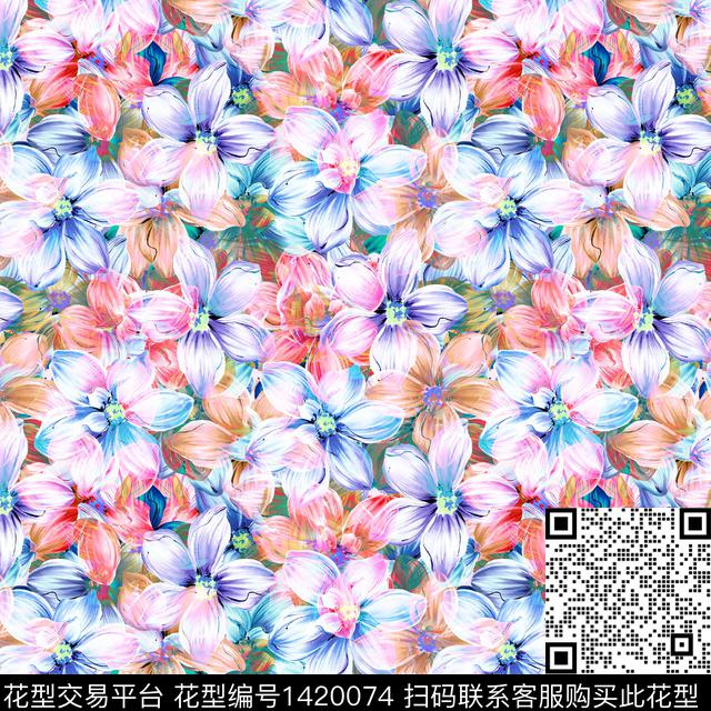 花卉大牌风热带花型数码印花花型下载（图片编号: 1420074） - 瓦栏（Walan）