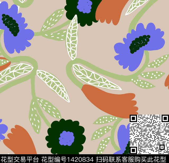 简笔花.jpg - 1420834 - 撞色 数码花型 花卉 - 数码印花花型 － 女装花型设计 － 瓦栏
