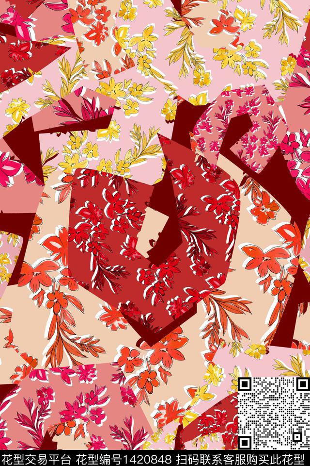 几何绿植树叶花卉数码印花花型下载（图片编号: 1420848） - 瓦栏（Walan）